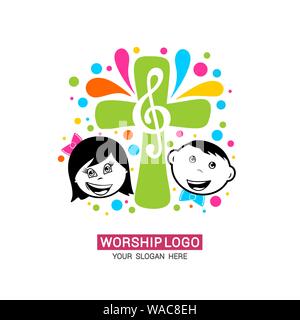 Worship logo. Children glorify God, sing glory and praise to Him. Stock Vector