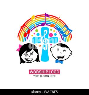 Worship logo. Children glorify God, sing glory and praise to Him. Stock Vector