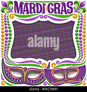 Vector frame for Mardi Gras with copy space, white layout with illustration of carnival masks, traditional symbol of mardi gras - fleur de lis, colorf Stock Vector