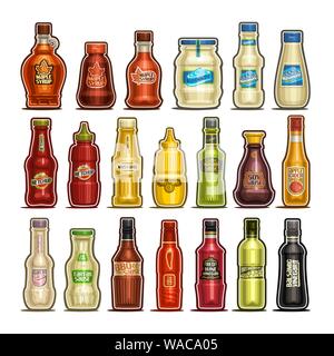 Vector set of isolated Bottles, 20 cut out outline containers with gourmet sauces product, healthy maple syrup, egg mayonnaise, delicious ketchup, dij Stock Vector
