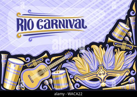 Vector greeting card for Rio Carnival with copy space, illustration of blue venetian mask, drums with drumsticks, banner for carnaval in Rio de Janeir Stock Vector