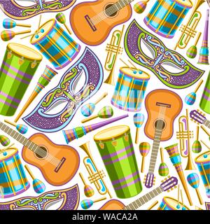 Vector seamless pattern for Brazil Carnival, repeating illustration of colorful fancy venetian mask, drums with drumsticks, ornament for carnival in R Stock Vector