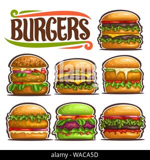 Vector set of fresh Burgers, 7 cut out illustrations of gourmet different hamburgers with various bread and cutlets, collection of classic yummy burge Stock Vector