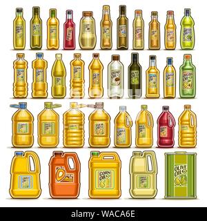 Vector set of Cooking Oil in Bottles, 34 cut out illustration of containers with refined oily product with label, glass jar with yellow virgin cholest Stock Vector
