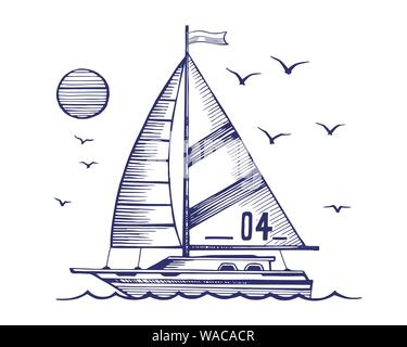 Sailing yacht in the sea vector sketch Stock Vector