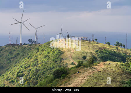 Ngong Hills Nature Reserve with hiking trails and wind power plant turbines in background, Kenya Stock Photo