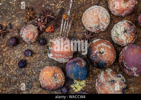 Still life of rotten apples on a wooden background Stock Photo