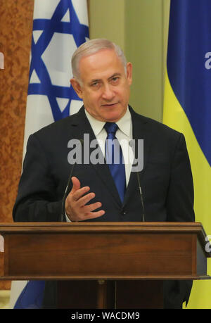 Kiev, Ukraine. 19th Aug, 2019. Prime Minister of Israel Benjamin Netanyahu makes a press statement in Kiev, Ukraine, August 19, 2019. Prime Minister of Israel Benjamin Netanyahu has been officially visiting Ukraine for the first time for the last 20 years. Credit: Sergii Kharchenko/ZUMA Wire/Alamy Live News Stock Photo