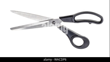 stationery scissors with black plastic handles cutout on white background Stock Photo