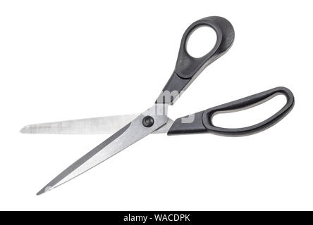 common scissors with black plastic handles cutout on white background Stock Photo
