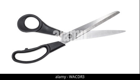 pair of scissors with black plastic handles cutout on white background Stock Photo