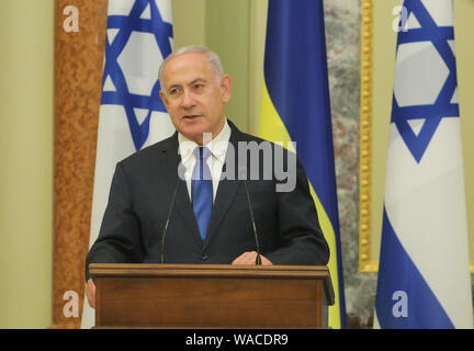 Kiev, Ukraine. 19th Aug, 2019. Prime Minister of Israel Benjamin Netanyahu makes a press statement in Kiev, Ukraine, August 19, 2019. Prime Minister of Israel Benjamin Netanyahu has been officially visiting Ukraine for the first time for the last 20 years. Credit: Sergii Kharchenko/ZUMA Wire/Alamy Live News Stock Photo