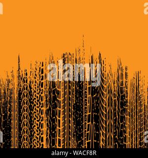 Orange background with black tire tracks grunge silhouettes Stock Vector