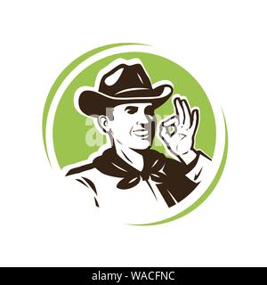 Farmer in the hat. Farm, farming logo or emblem. Vector illustration Stock Vector