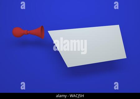 Red airhorn with blank banner on a blue background. 3d render. Stock Photo