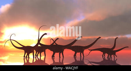 A Diplodocus dinosaur herd wades through shallow water on a lake that reflects their shadows and clouds from the sky like a mirror. Stock Photo