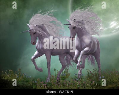 Two Unicorn stallions prance around blue and pink flowers as moonlight shines down on them. Stock Photo