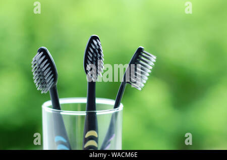 Three black toothbrushes in a glass beaker. On a green blurred background. Stock Photo