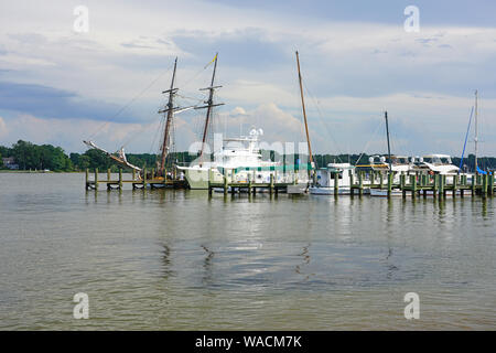 CHESTERTOWN, MD -17 AUG 2019- View of the historic Sultana schooner sailboat on the waterfront in Chestertown, Maryland, United States, in the Chesape Stock Photo