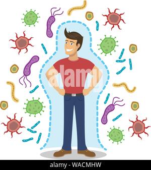 A vaccinated healthy man stands in a power pose surrounded by an aura protecting him from viruses and germs Stock Vector