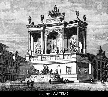 The monumental fountain, built by Alexander Severus (A.D. 208-235) and located at a fork between the Via Tiburtina and the Via Labicana. It was constructed as a two-storied façade with a wide central niche and arched openings on each side; its design thus evokes a triumphal arch. Statues occupied the niches. Two sculptures known as the “Trophies of Marius” recycled from an earlier triumphal monument built by Domitian still survive and can be seen atop the staircase leading up to the Piazza Campidoglio, Rome, Italy. Stock Photo