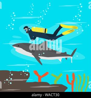 Scuba diver swimming over the coral reef with a shark. Scuba diving concept - Vector Stock Vector
