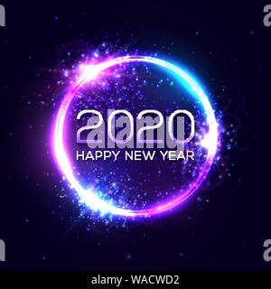 2020 Happy New Year neon text. Circle background. Stock Vector