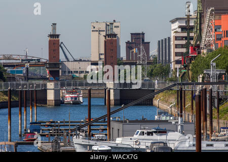 Duisburg, inner harbour, office building, Schwanentor bridge, Stock Photo