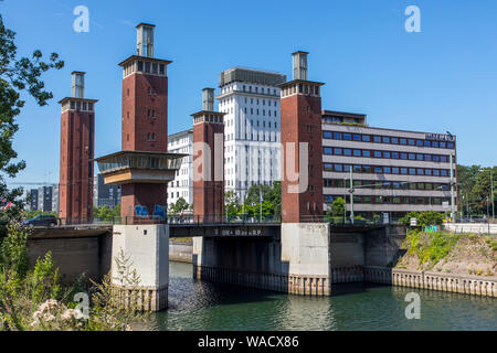 Duisburg, inner harbour, office building, Schwanentor bridge, Stock Photo