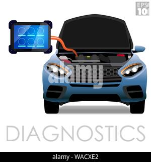 OBDII scanner or dealership level diagnostics tool being used on an open engine bay of a SUV type of vehicle for repairs or maintenance. Stock Vector