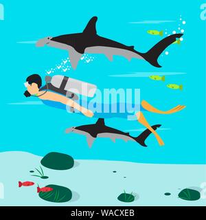 Scuba diver swimming over the coral reef with a hammerhead sharks. Scuba diving concept - Vector Stock Vector