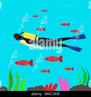 Scuba diver swimming over the coral reef with fishes. Scuba diving concept - Vector Stock Vector