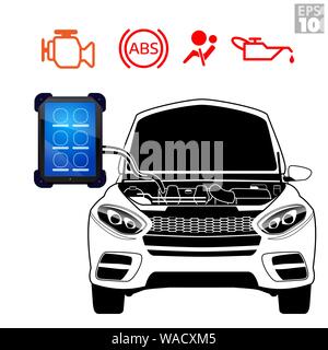 SUV check engine light, ABS, airbag, engine Oil, OBDII scanner tool being used on an open engine bay of vehicle for repairs. Stock Vector