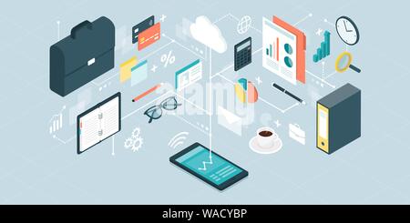 Business and financial services app online on a smartphone, isometric objects and concepts connected together Stock Vector