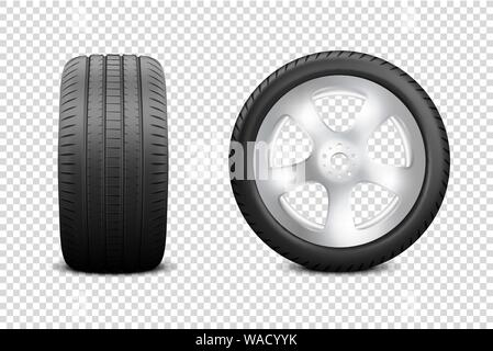 Vector 3d Realistic Render Car Wheel Icon Closeup Isolated on Transparent Background. Design Template of New Tires with Alloy Rims Front and Side View Stock Vector