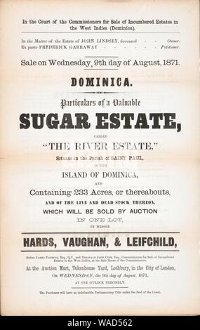 Dominica, particulars of a valuable Sugar Estate - called ‘The River Estate,‘ situate in the Parish of Saint Paul, in the Island of Dominica, and containing 233 acres, or thereabouts, and of hte Stock Photo