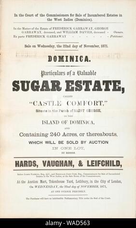 Dominica, particulars of a valuable Sugar Estate - called ‘Castle Comfort,‘ situate in the Parish of Saint George, in the Island of Dominica, and containing 240 acres, or thereabouts - which will Stock Photo