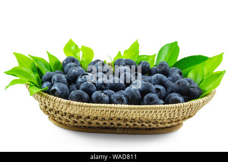 Close up blueberries on isolated white background with clipping path. Fresh wild blueberries have high antioxidant  in wooden basket. Di cut with path Stock Photo
