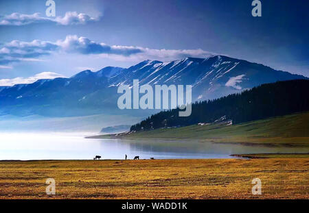 Lying in Bole city, Bortala Mongol Autonomous Prefecture, northwest China’s Xinjiang Uygur Autonomous Region, Sayram Lake wins a fame of “The last tea Stock Photo