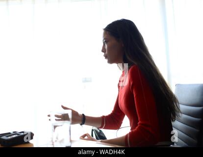 15-year-old Chinese American freestyle skier Eileen Gu is interviewed in Beijing, China, 23 July 2019.   Eileen Gu, a 15-year-old Chinese American fre Stock Photo