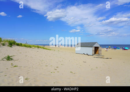 OCEAN GROVE, NJ -10 AUG 2019- View of the beach in Ocean Grove, a town on the New Jersey Shore, known for its historic Victorian houses. Stock Photo