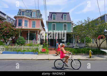 CAPE MAY, NJ -14 AUG 2019- View of colorful historic Victorian houses in Cape May, at the southern tip of Cape May Peninsula in New Jersey where the D Stock Photo