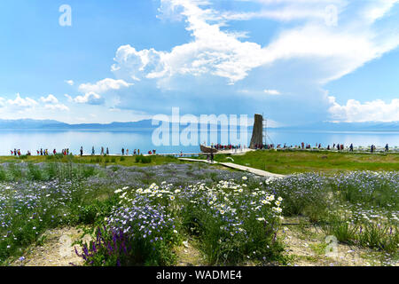 Lying in Bole city, Bortala Mongol Autonomous Prefecture, northwest China’s Xinjiang Uygur Autonomous Region, Sayram Lake wins a fame of “The last tea Stock Photo