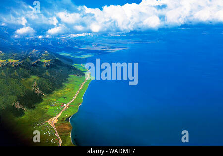 Lying in Bole city, Bortala Mongol Autonomous Prefecture, northwest China’s Xinjiang Uygur Autonomous Region, Sayram Lake wins a fame of “The last tea Stock Photo