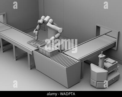 Clay rendering of dual-arm robot assembly motor coils in cell-production space. Collaborative robot concept. 3D rendering image. Stock Photo