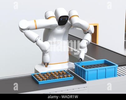 Dual-arm robot assembly motor coils in cell-production space. Collaborative robot concept. Original design. 3D rendering image. Stock Photo