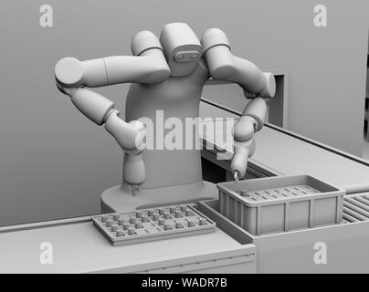 Clay rendering of dual-arm robot assembly motor coils in cell-production space. Collaborative robot concept. 3D rendering image.