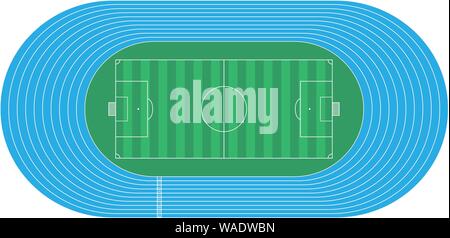 Top view of running track and soccer field on white background Stock Vector