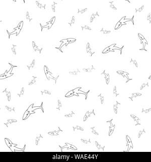 Seamless pattern of outline shark. Seamless pattern of shark, great design for any purposes. Vector outline illustration. Hand drawn doodle illustrati Stock Vector