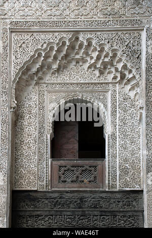 Fez Morocco, Tadelakt decoration in the courtyard at Madrasa Bou Inania Stock Photo